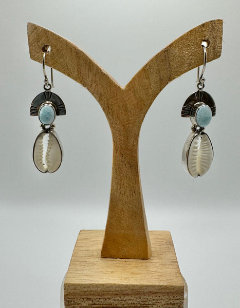 Larimar & Cowrie Shell earrings