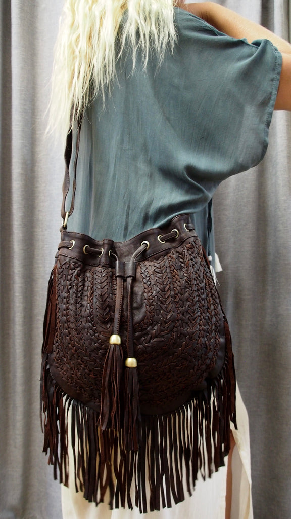 Gypsy Weave Leather Fringed Boho Bag Distressed Brown – Dreamtime Boho